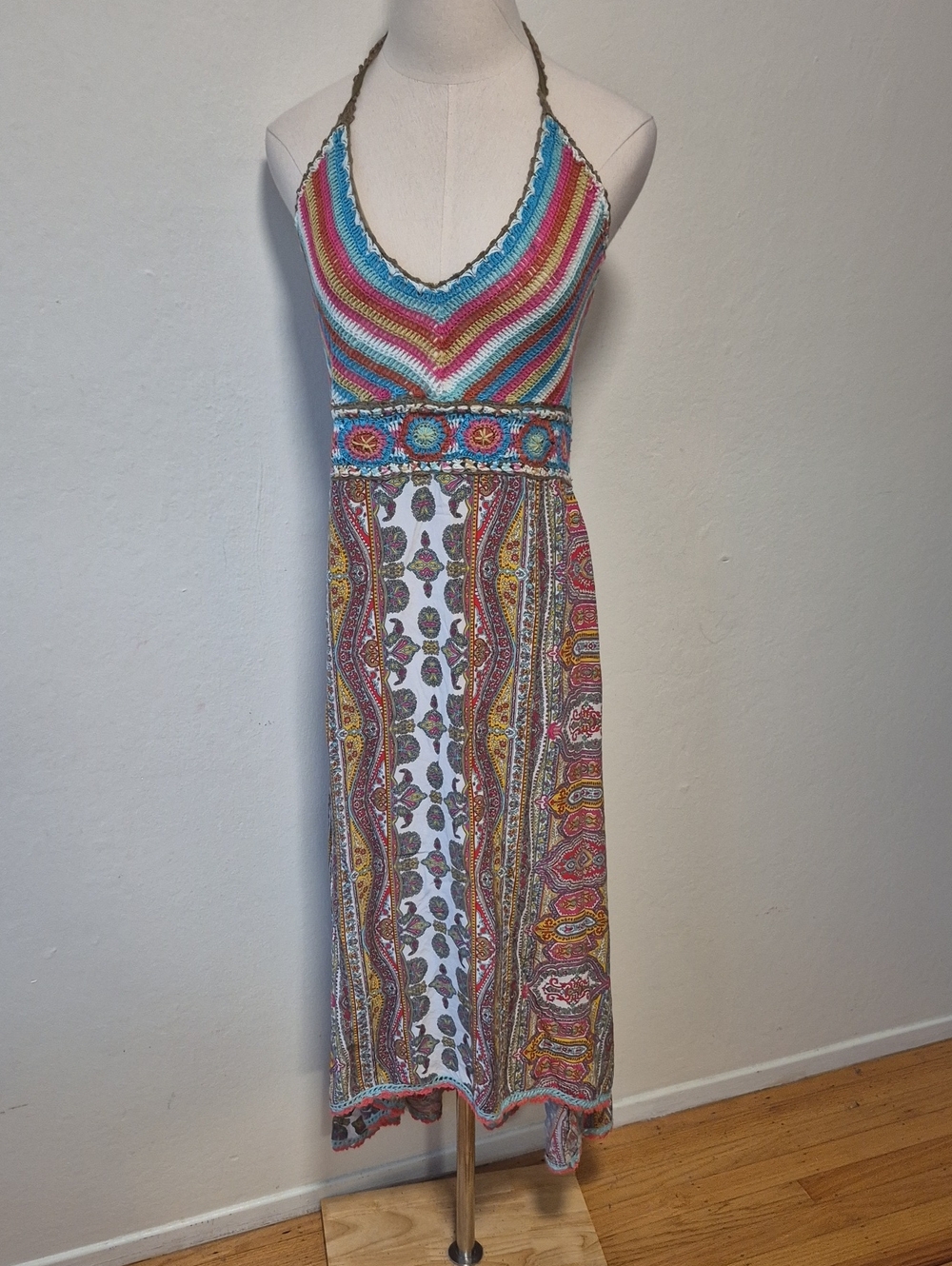 Calypso St. Barth Anthropologie Silk crochet halter paisley maxi dress Sz L